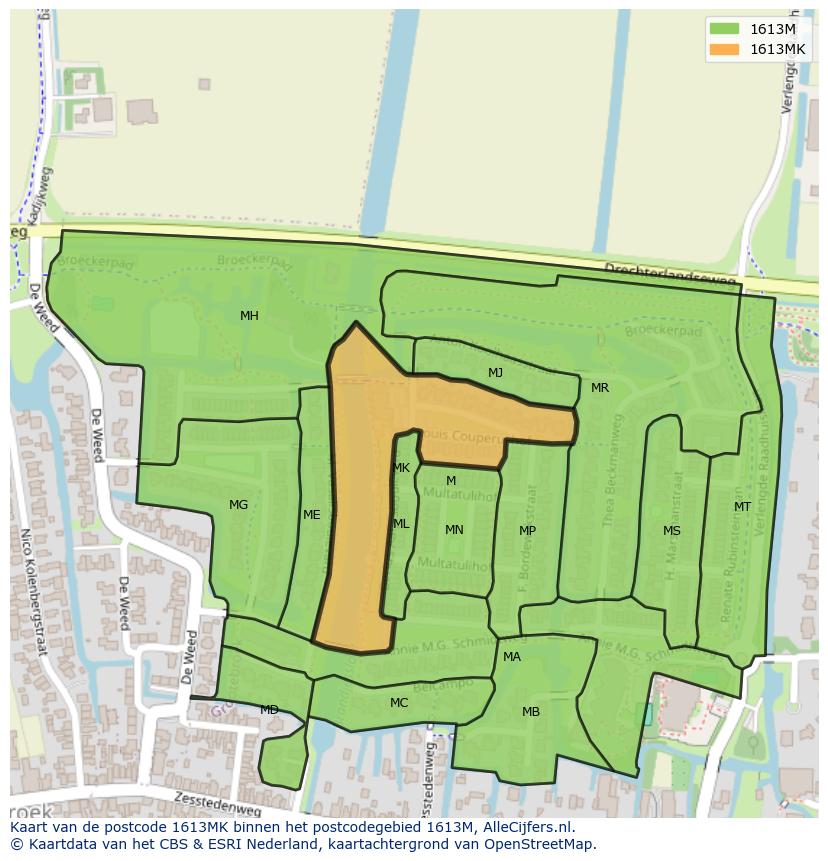 Afbeelding van het postcodegebied 1613 MK op de kaart.