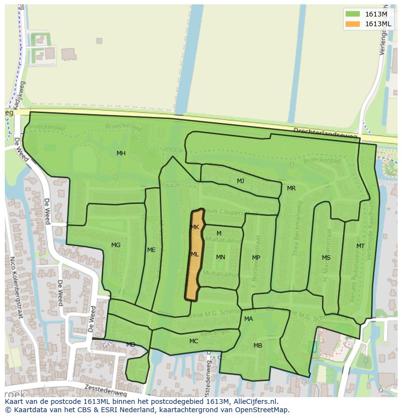 Afbeelding van het postcodegebied 1613 ML op de kaart.