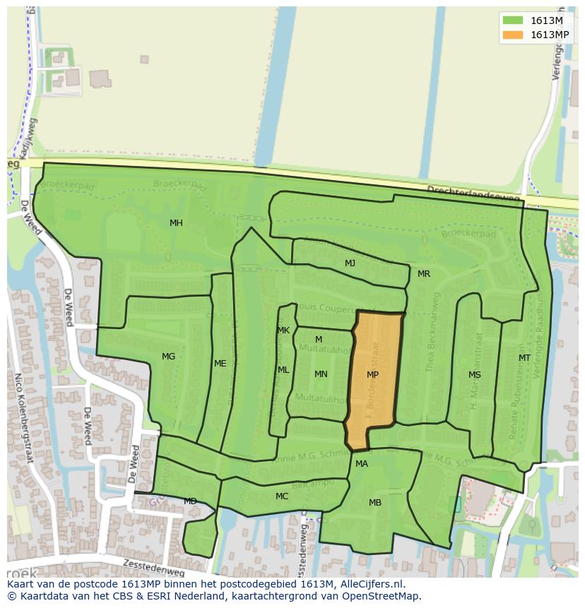 Afbeelding van het postcodegebied 1613 MP op de kaart.