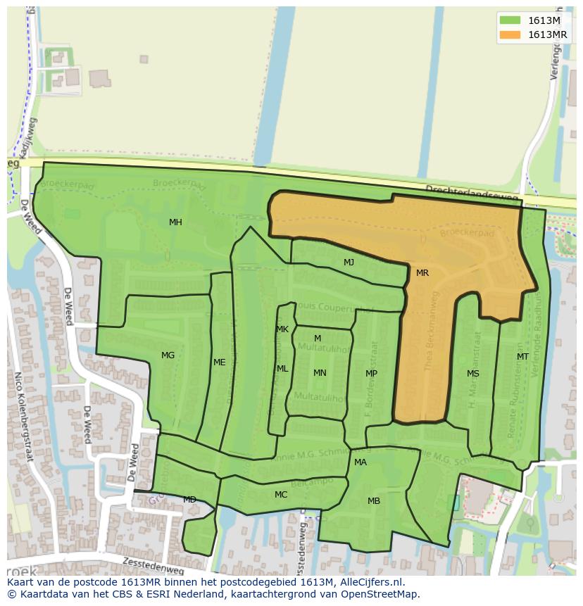 Afbeelding van het postcodegebied 1613 MR op de kaart.