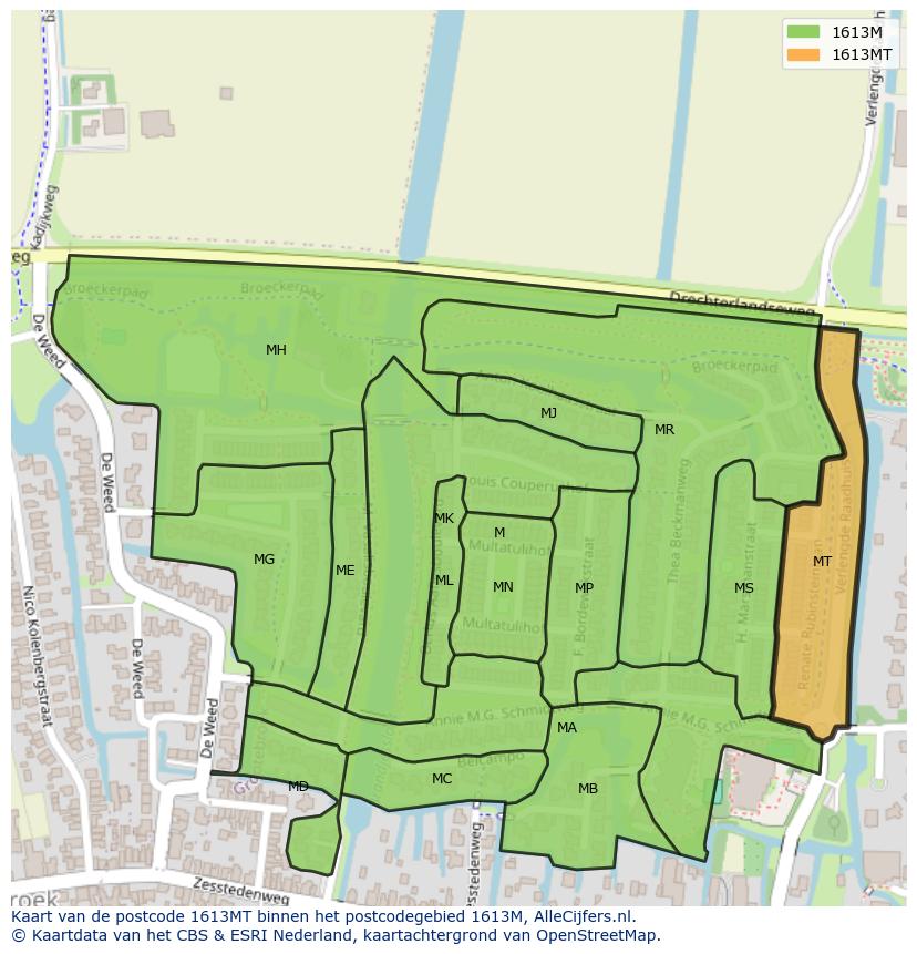 Afbeelding van het postcodegebied 1613 MT op de kaart.