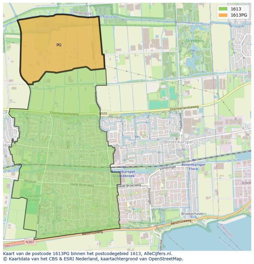 Afbeelding van het postcodegebied 1613 PG op de kaart.