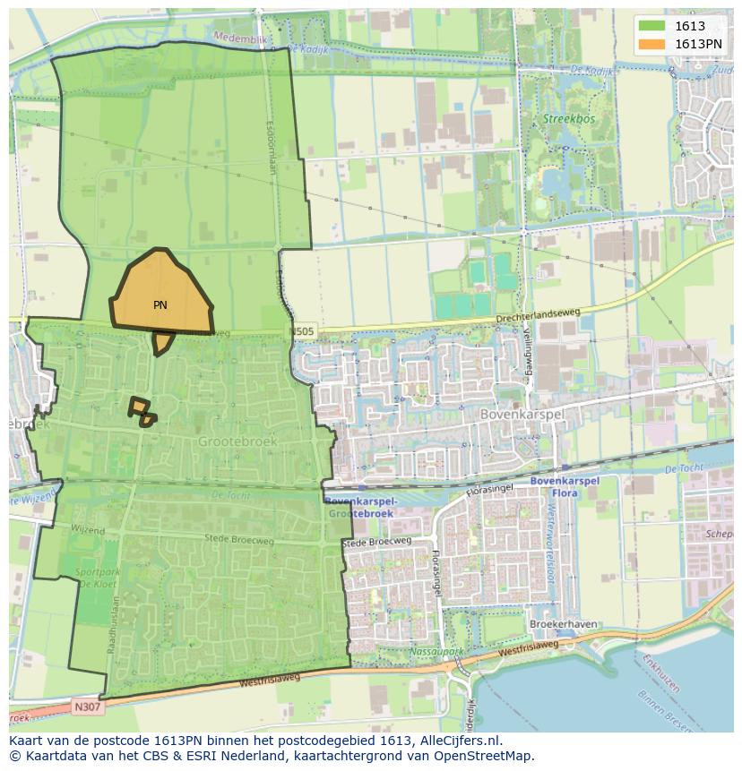 Afbeelding van het postcodegebied 1613 PN op de kaart.
