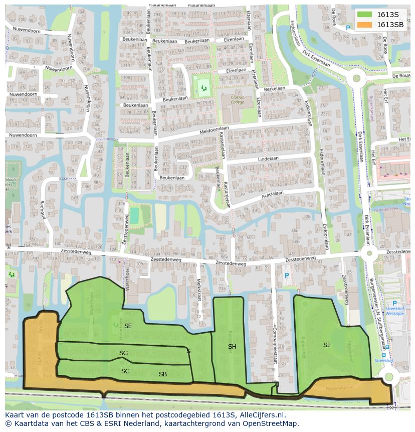 Afbeelding van het postcodegebied 1613 SB op de kaart.