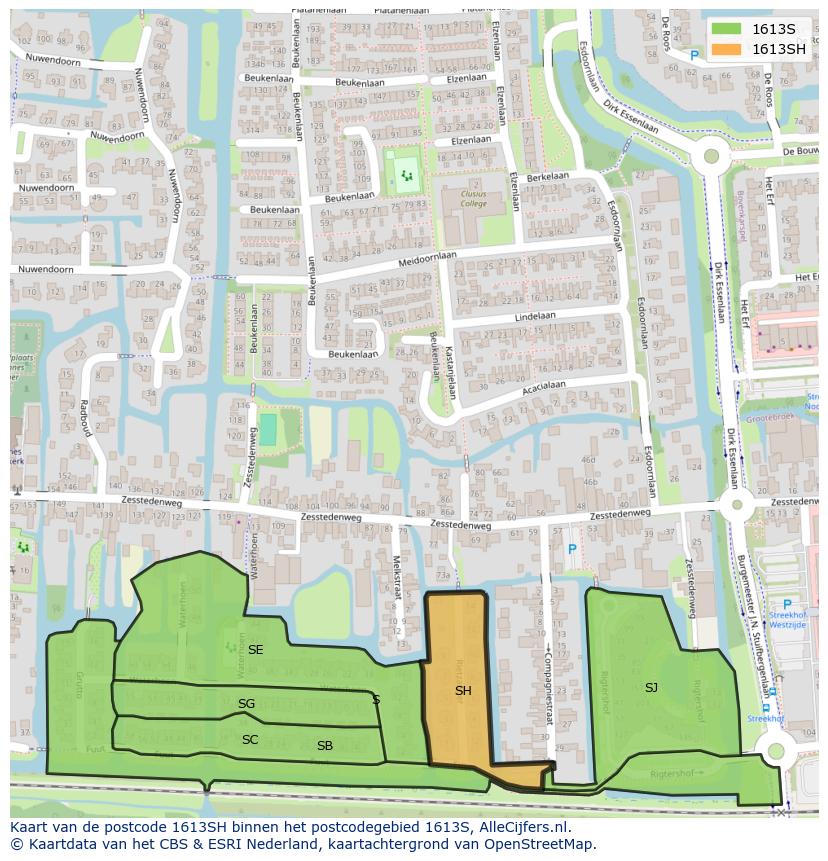 Afbeelding van het postcodegebied 1613 SH op de kaart.