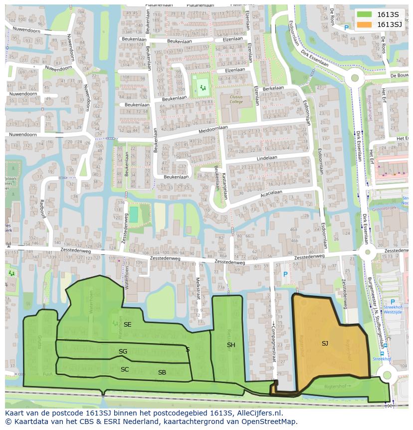 Afbeelding van het postcodegebied 1613 SJ op de kaart.