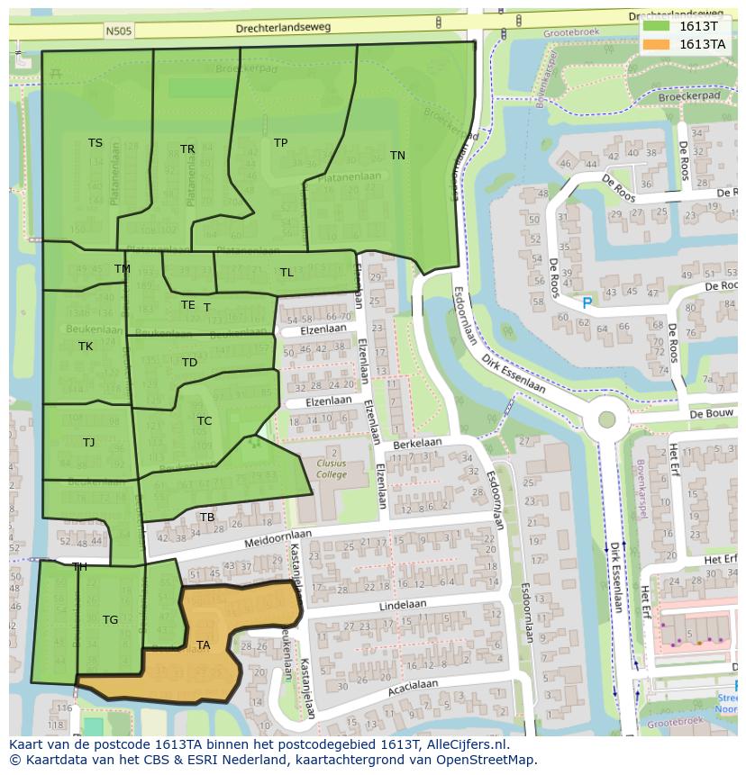 Afbeelding van het postcodegebied 1613 TA op de kaart.