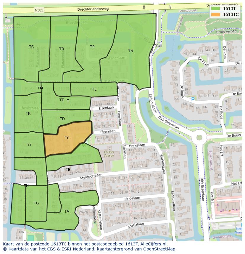 Afbeelding van het postcodegebied 1613 TC op de kaart.