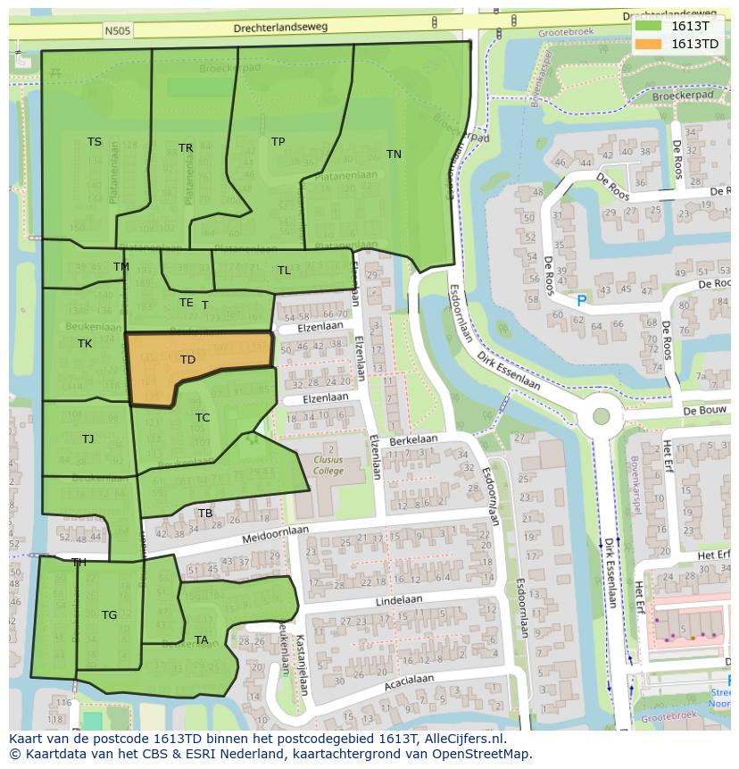 Afbeelding van het postcodegebied 1613 TD op de kaart.