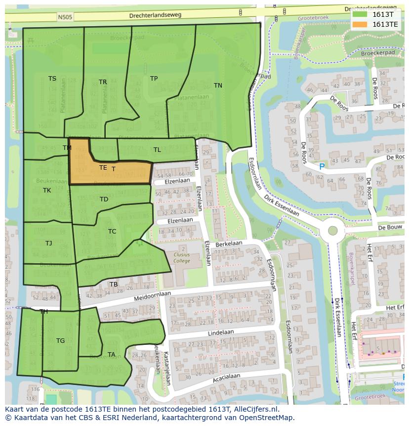 Afbeelding van het postcodegebied 1613 TE op de kaart.