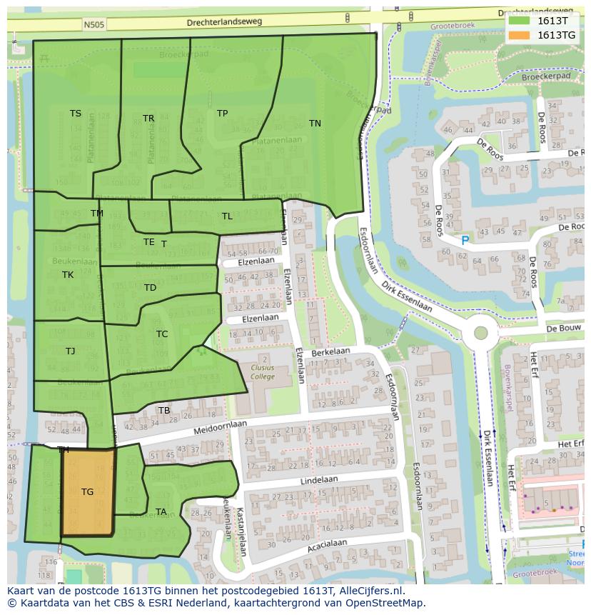 Afbeelding van het postcodegebied 1613 TG op de kaart.