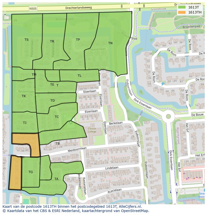 Afbeelding van het postcodegebied 1613 TH op de kaart.