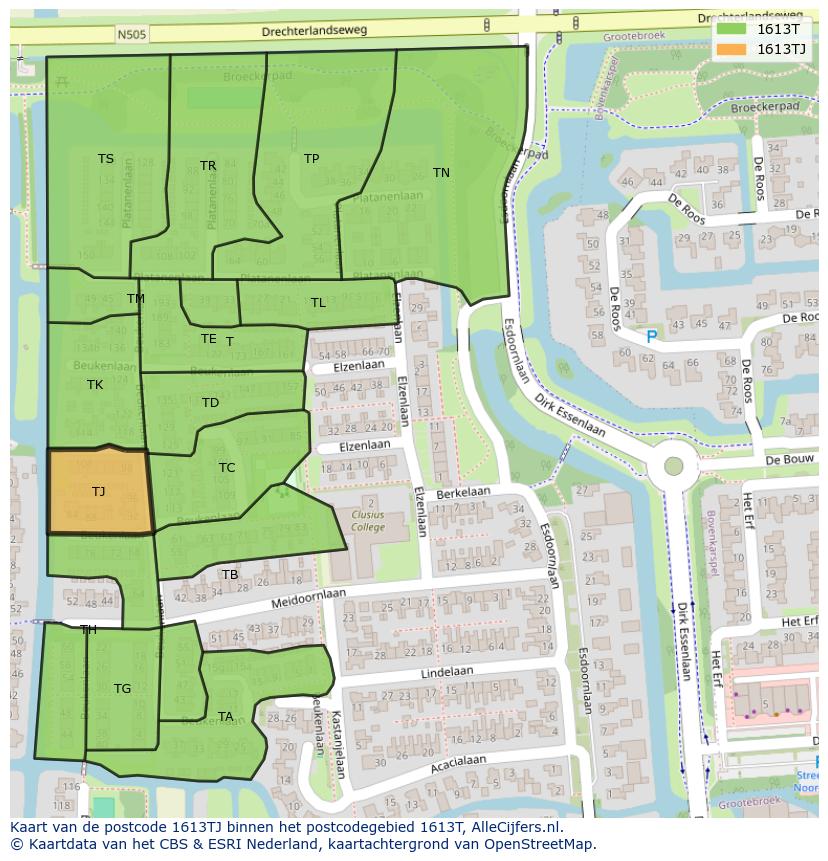 Afbeelding van het postcodegebied 1613 TJ op de kaart.