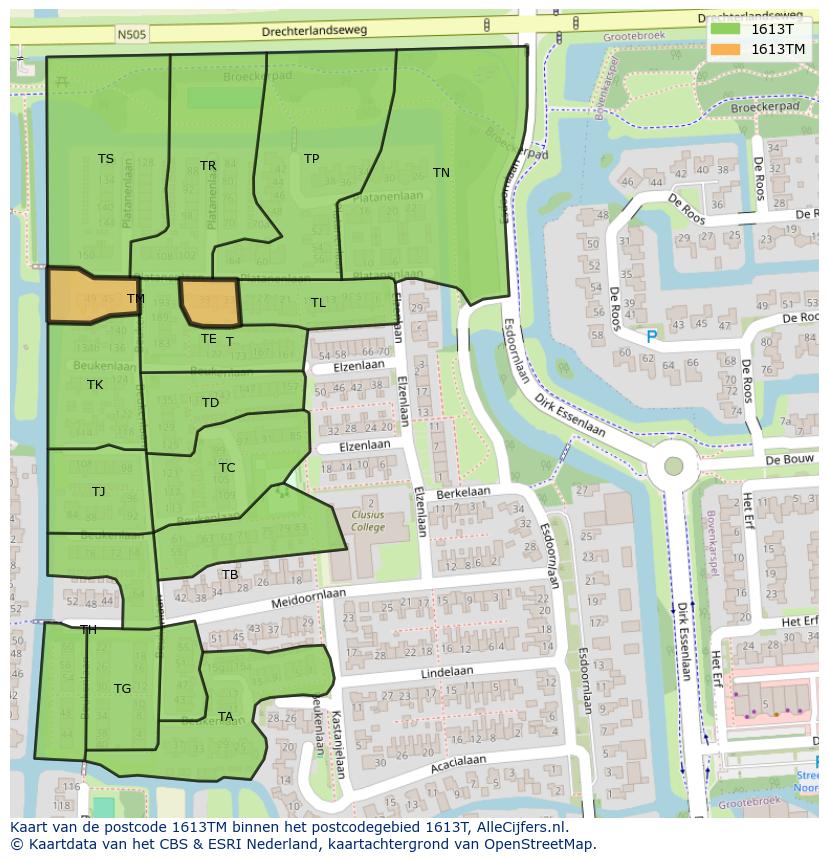 Afbeelding van het postcodegebied 1613 TM op de kaart.