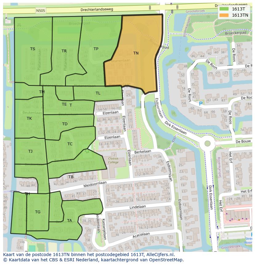Afbeelding van het postcodegebied 1613 TN op de kaart.