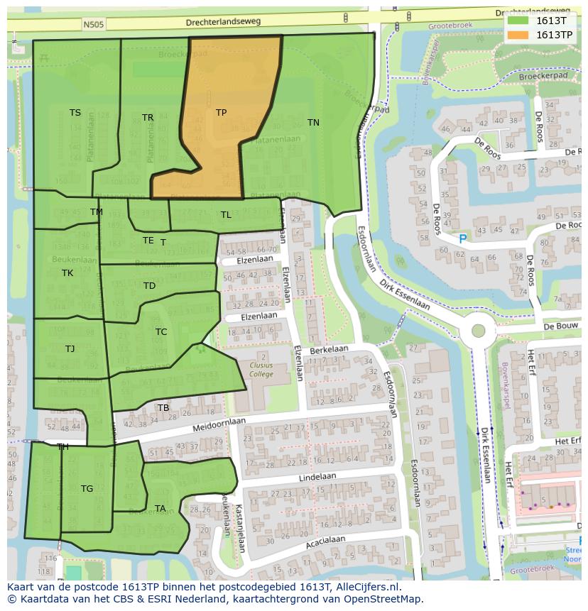 Afbeelding van het postcodegebied 1613 TP op de kaart.