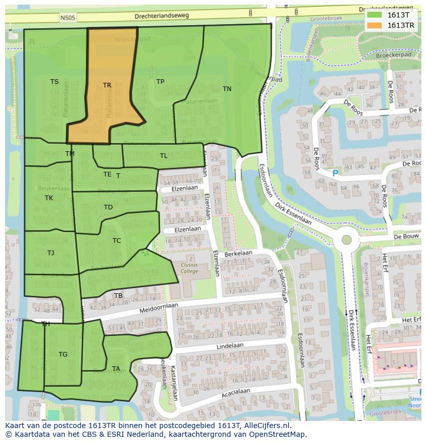 Afbeelding van het postcodegebied 1613 TR op de kaart.