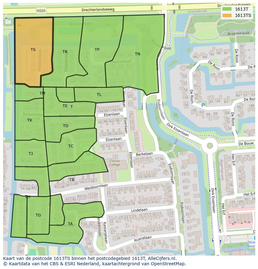 Afbeelding van het postcodegebied 1613 TS op de kaart.