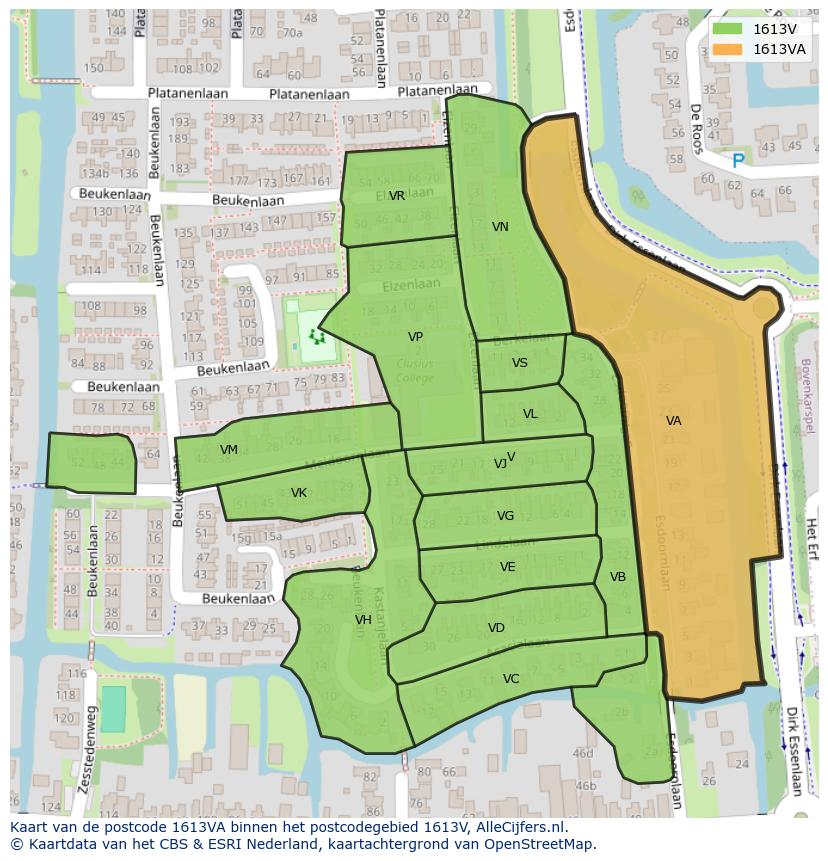 Afbeelding van het postcodegebied 1613 VA op de kaart.