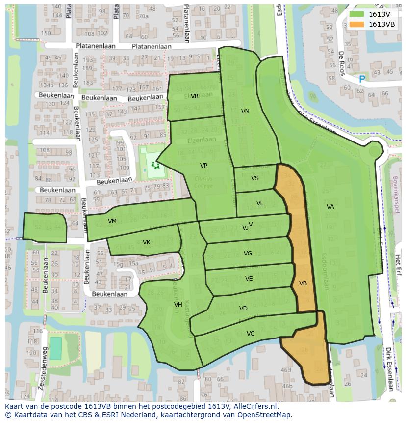 Afbeelding van het postcodegebied 1613 VB op de kaart.