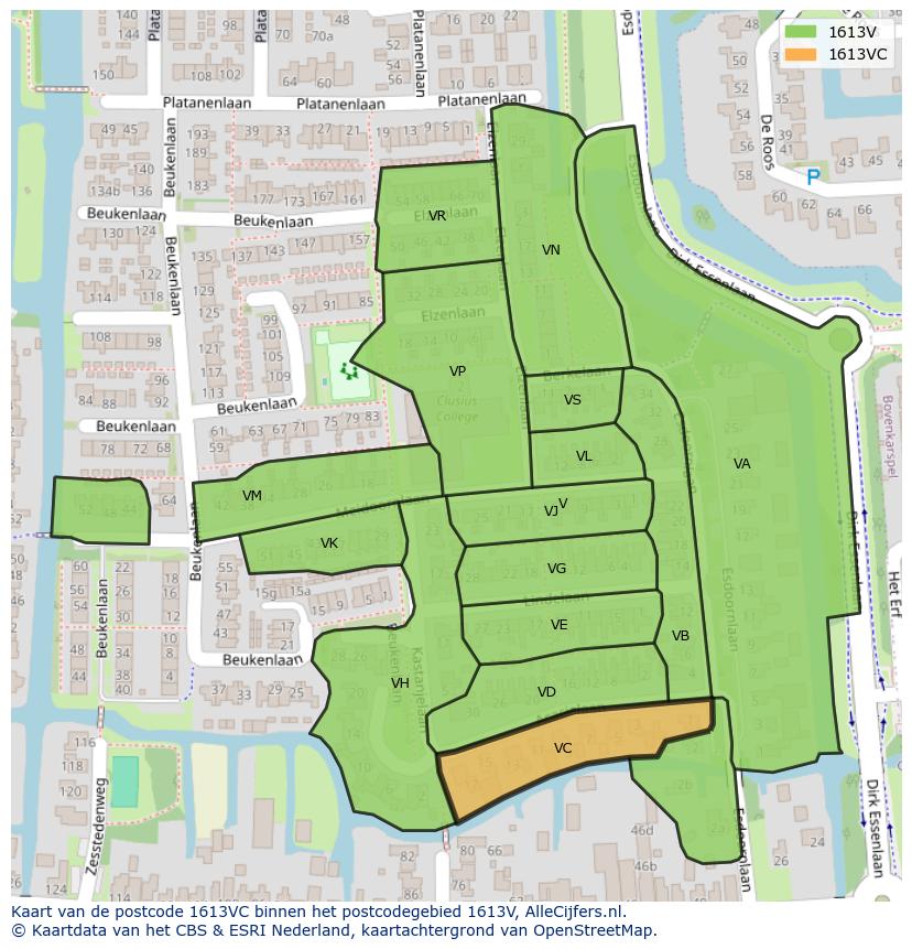Afbeelding van het postcodegebied 1613 VC op de kaart.