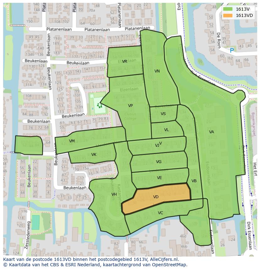 Afbeelding van het postcodegebied 1613 VD op de kaart.