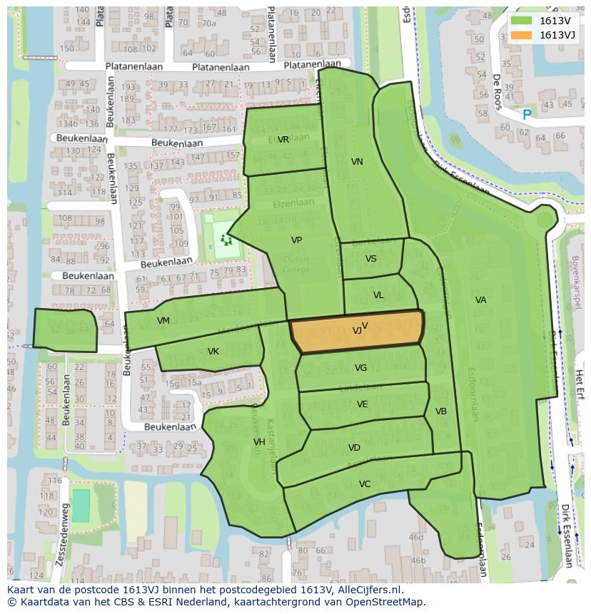 Afbeelding van het postcodegebied 1613 VJ op de kaart.
