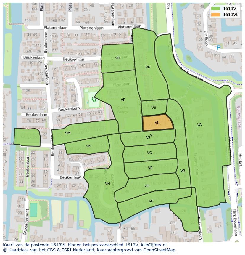 Afbeelding van het postcodegebied 1613 VL op de kaart.