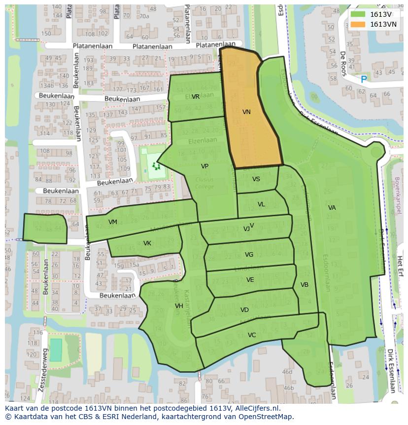 Afbeelding van het postcodegebied 1613 VN op de kaart.