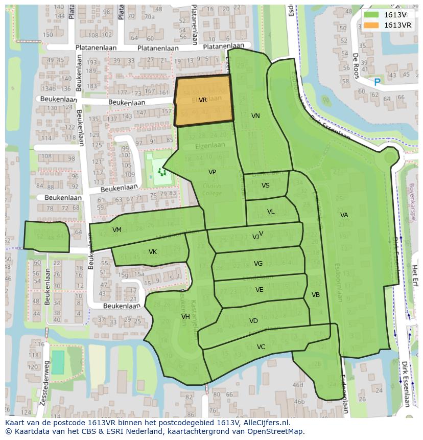 Afbeelding van het postcodegebied 1613 VR op de kaart.