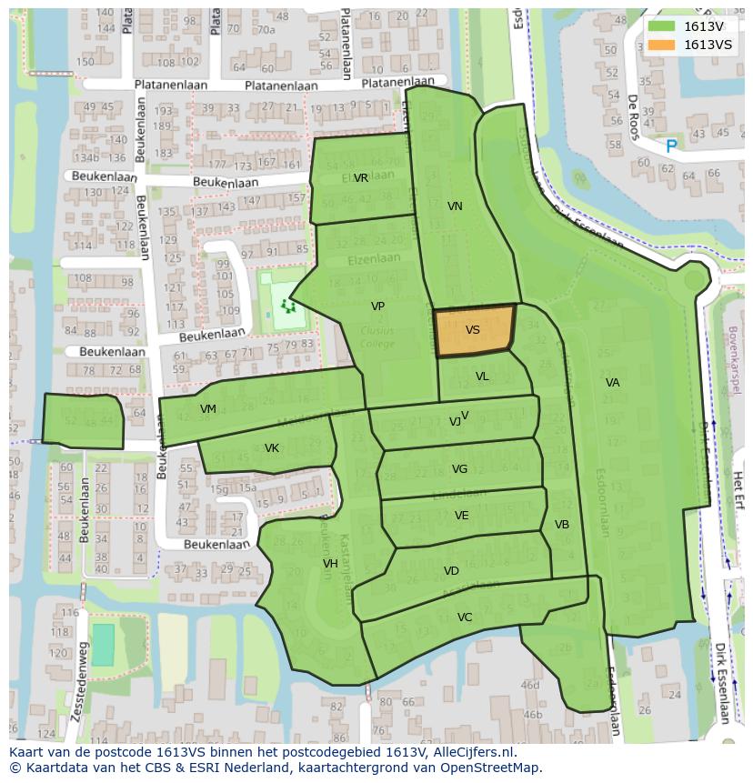 Afbeelding van het postcodegebied 1613 VS op de kaart.