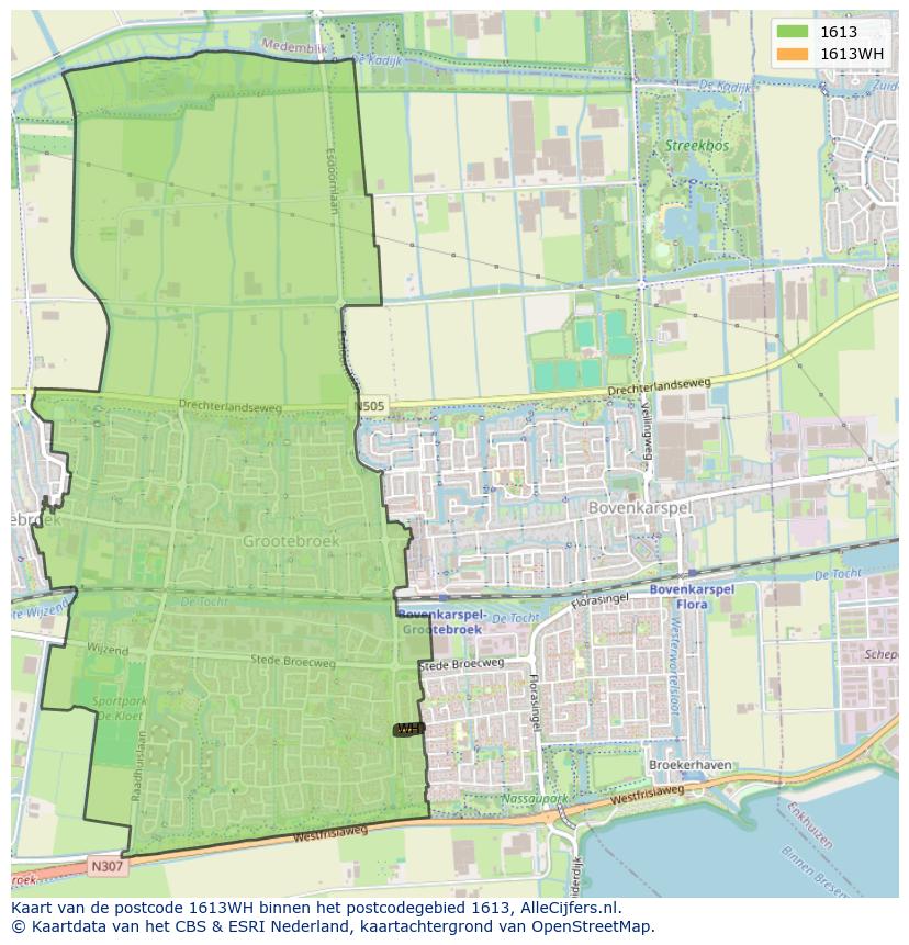 Afbeelding van het postcodegebied 1613 WH op de kaart.