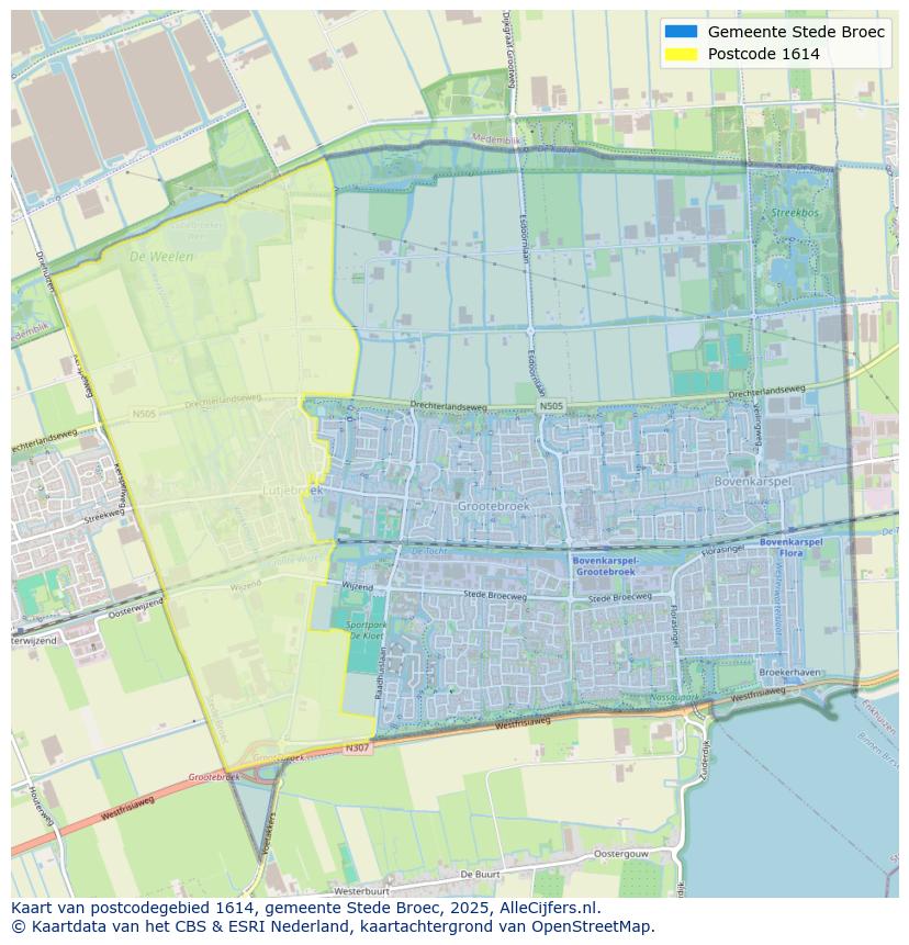 Afbeelding van het postcodegebied 1614 op de kaart.