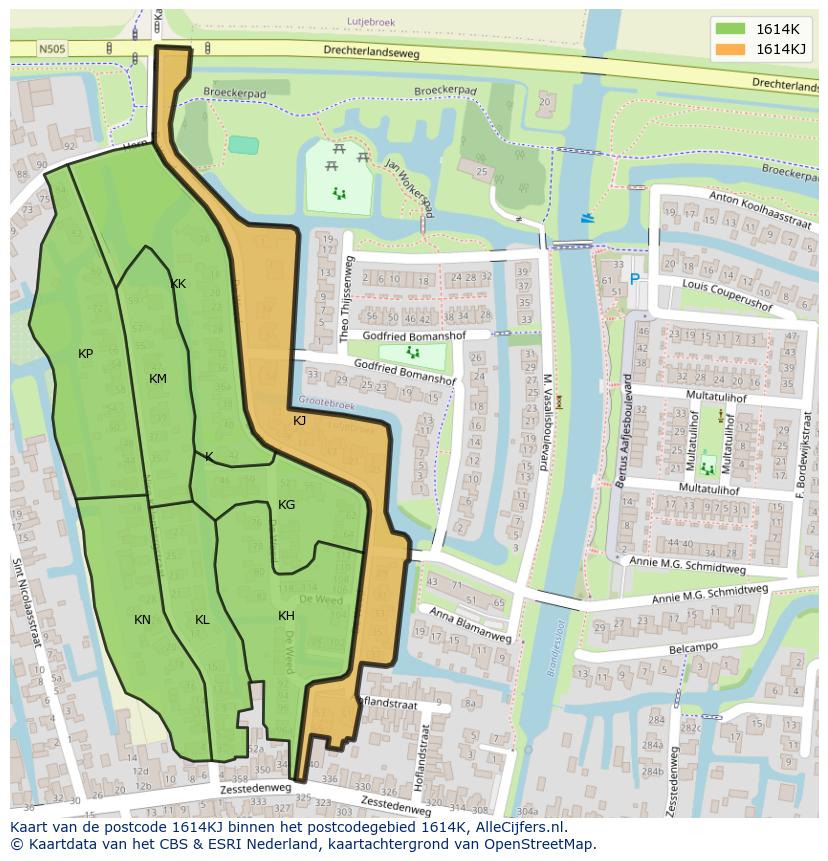 Afbeelding van het postcodegebied 1614 KJ op de kaart.