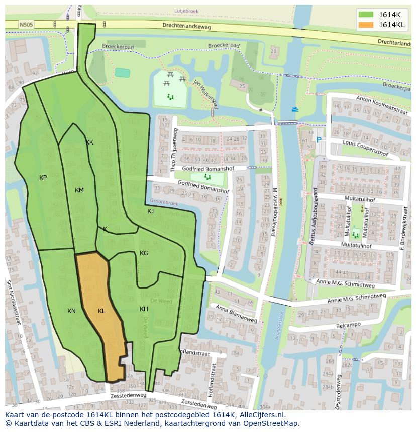 Afbeelding van het postcodegebied 1614 KL op de kaart.