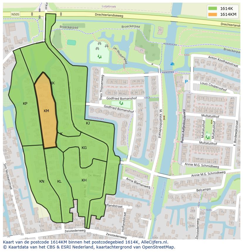 Afbeelding van het postcodegebied 1614 KM op de kaart.