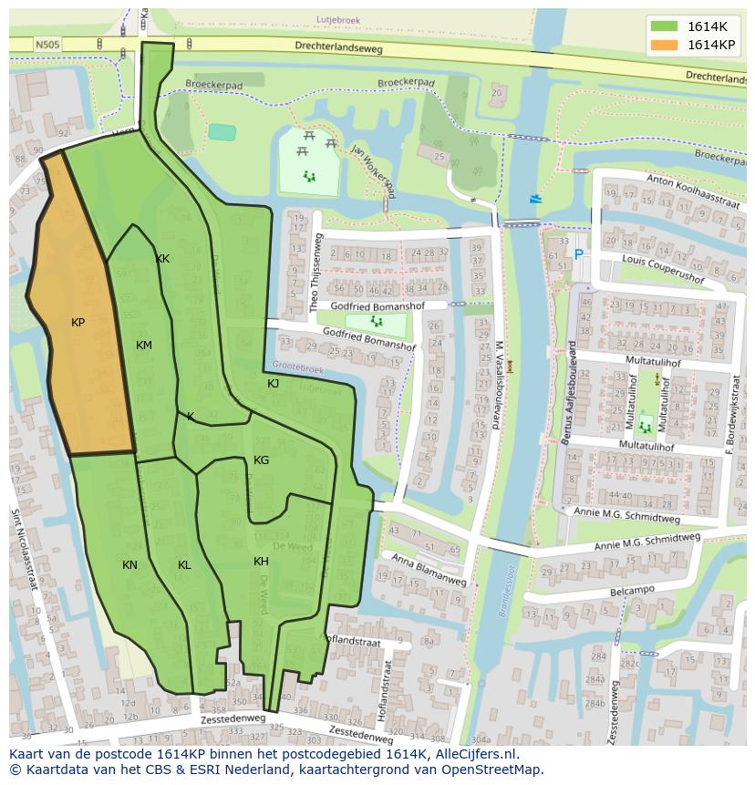 Afbeelding van het postcodegebied 1614 KP op de kaart.