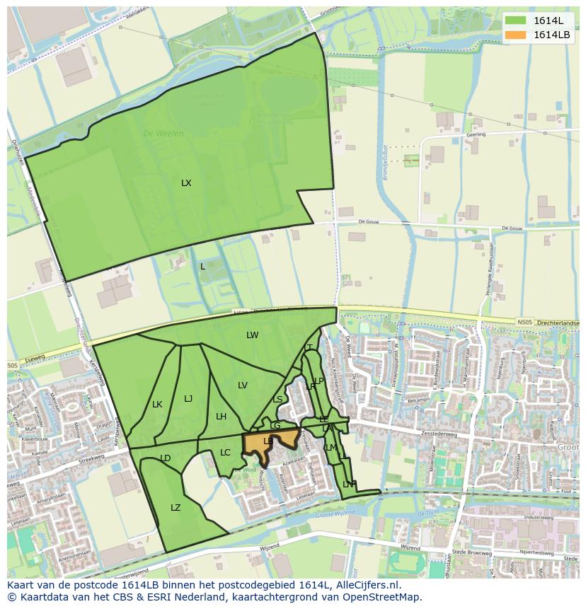 Afbeelding van het postcodegebied 1614 LB op de kaart.