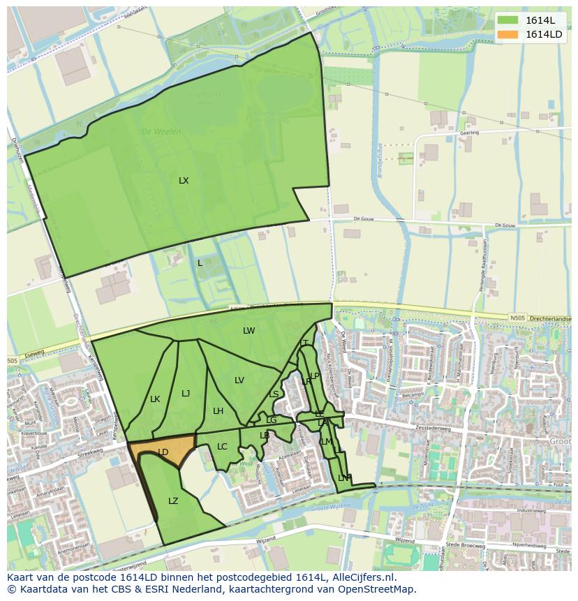 Afbeelding van het postcodegebied 1614 LD op de kaart.
