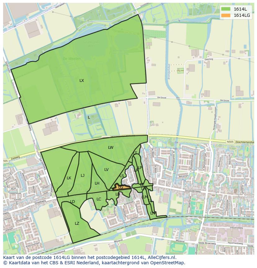 Afbeelding van het postcodegebied 1614 LG op de kaart.