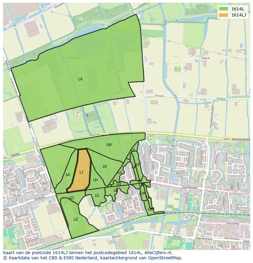 Afbeelding van het postcodegebied 1614 LJ op de kaart.