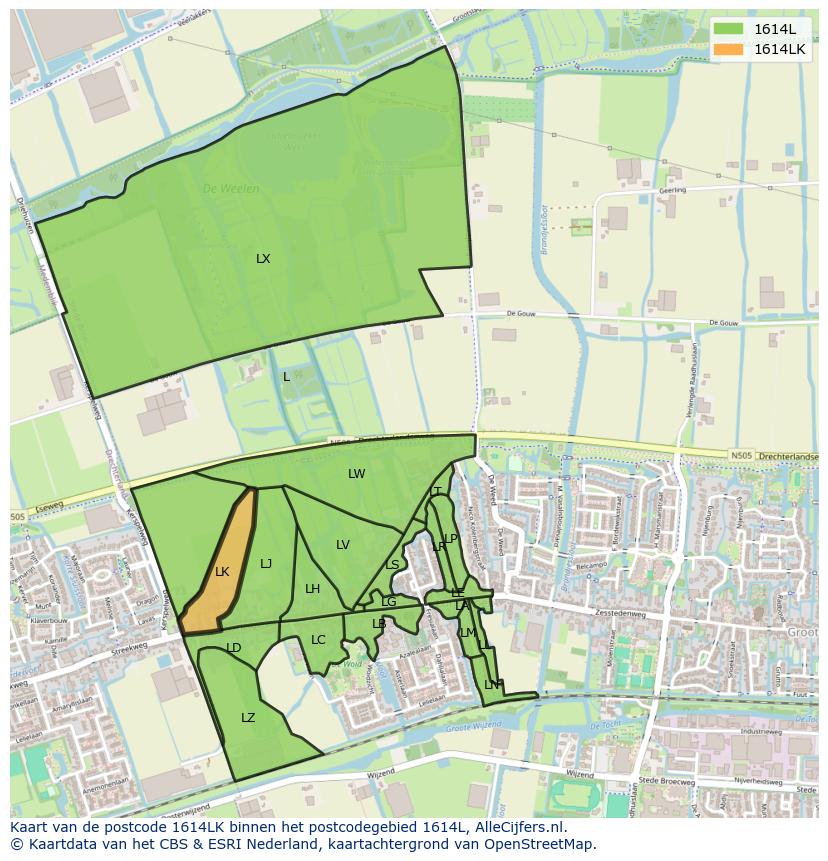 Afbeelding van het postcodegebied 1614 LK op de kaart.