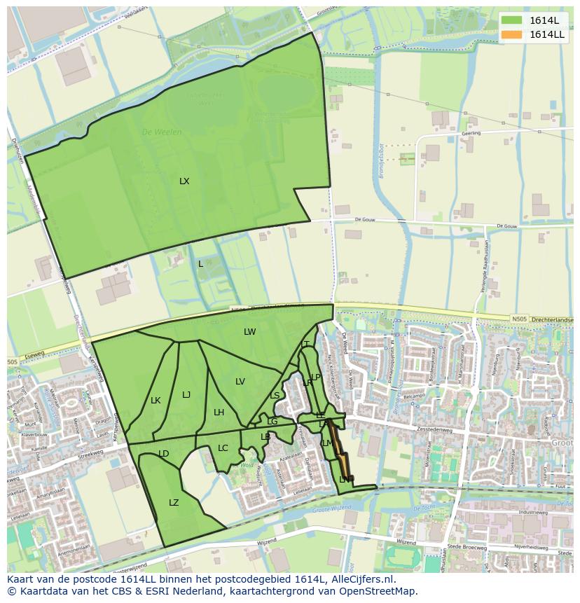 Afbeelding van het postcodegebied 1614 LL op de kaart.