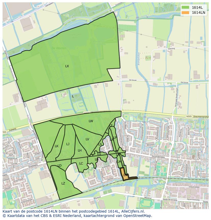 Afbeelding van het postcodegebied 1614 LN op de kaart.