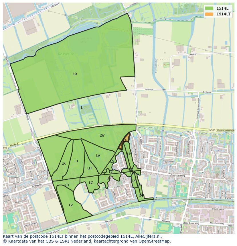 Afbeelding van het postcodegebied 1614 LT op de kaart.