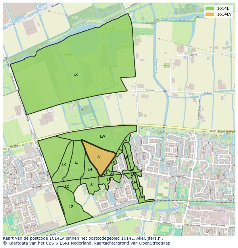 Afbeelding van het postcodegebied 1614 LV op de kaart.