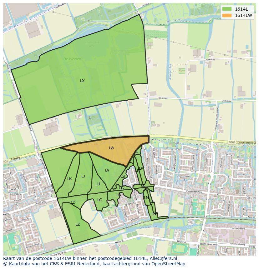 Afbeelding van het postcodegebied 1614 LW op de kaart.