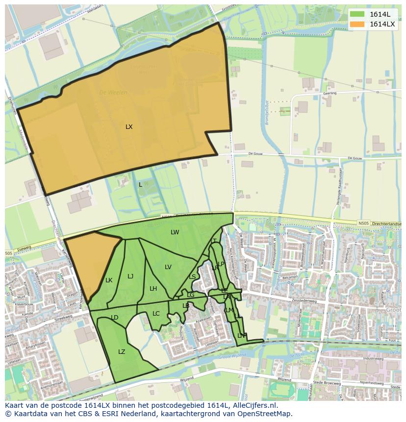 Afbeelding van het postcodegebied 1614 LX op de kaart.