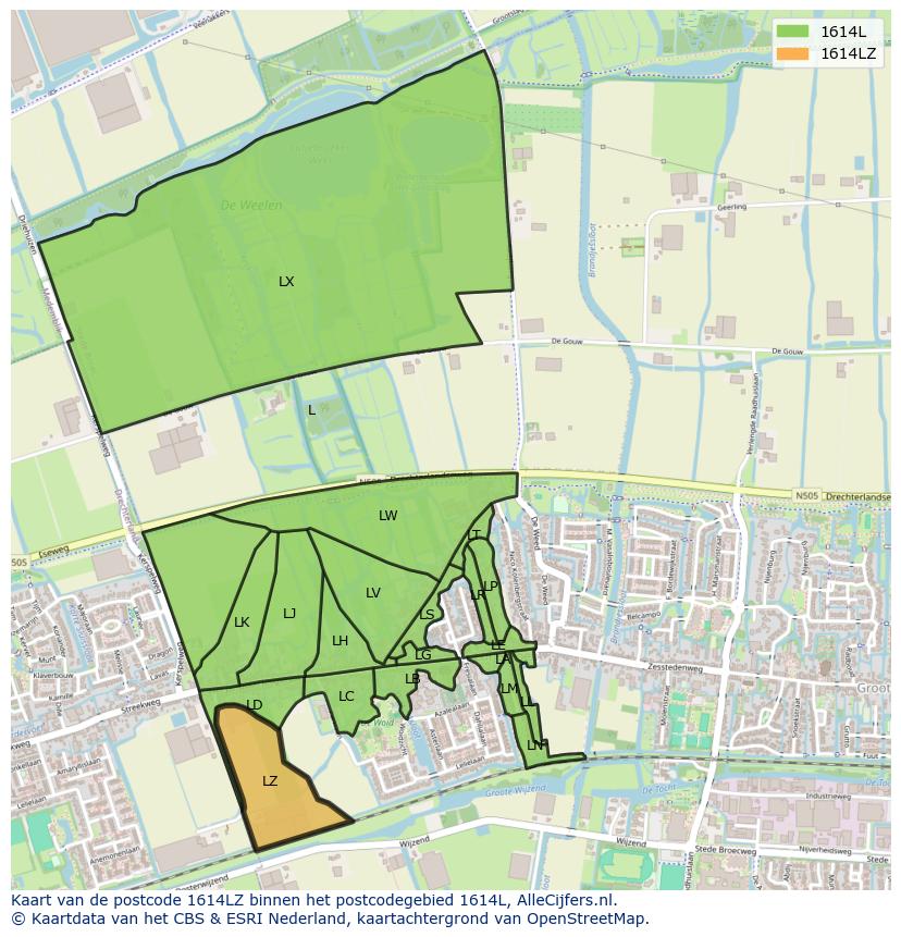 Afbeelding van het postcodegebied 1614 LZ op de kaart.