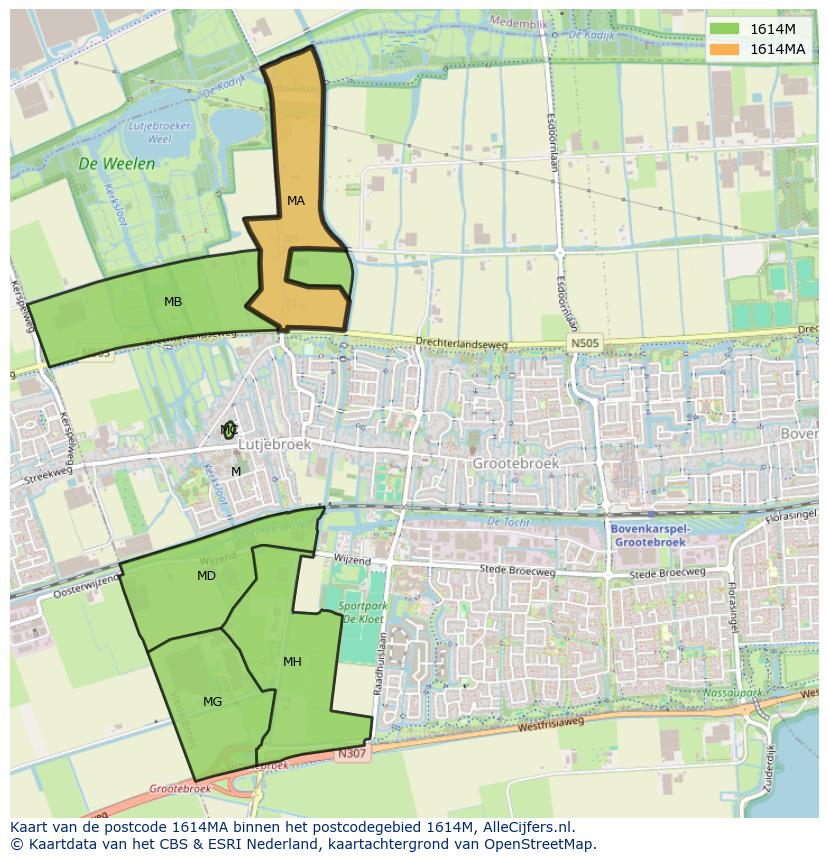 Afbeelding van het postcodegebied 1614 MA op de kaart.